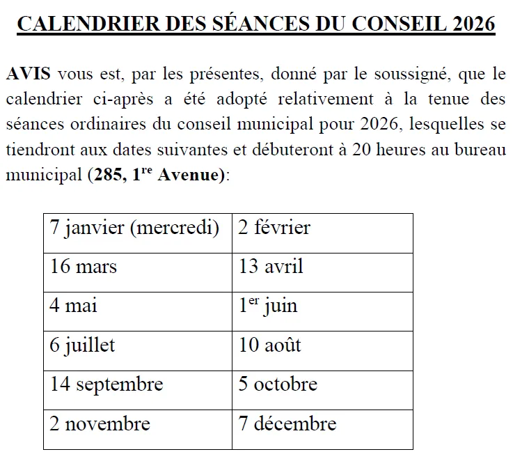 Calendrier des séances 2026