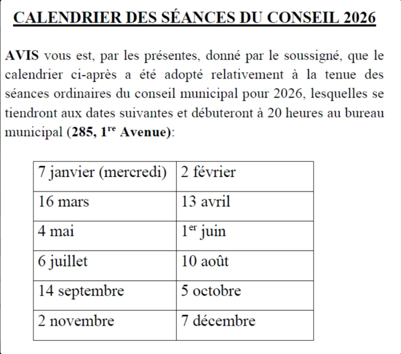 Calendrier des séances du conseil