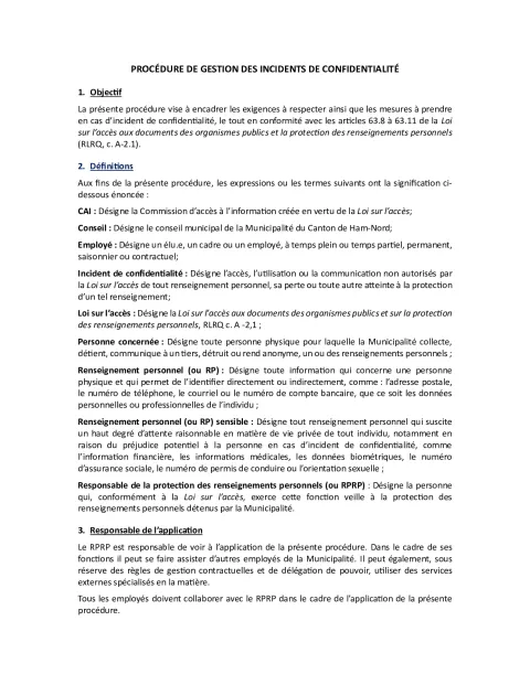 Procédure incident confidentialité - Ham-Nord